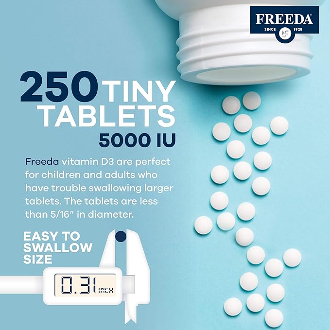 FREEDA Vitamin D3-5000 IU - Pure High Potency Kosher Supplement Tablets - Bone and Muscle Health, Calcium Absorption, Immune Support for Men and Women* - 250 Count