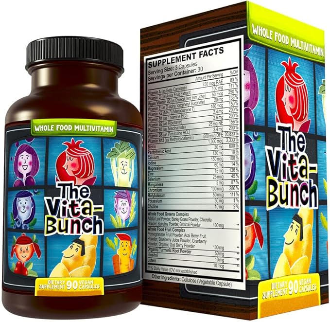 Whole Food Multivitamin Fruit & Super Greens All-in-one Vitamin Complex, 90 Vegan Capsules - Daily Vitamin for Women and Men - Iron, Zinc, B12, Vitamin A, D3 and More