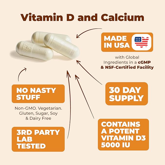 Vitamin D3, K2 Calcium Supplement with BioPerine for Immune & Bone Health - Vitamin D 5000 IU + Vitamin K2 as MK7 + Calcium. 4 in 1 Support: Strong Bones & Teeth Plus Joint & Heart Health. 60 Capsules