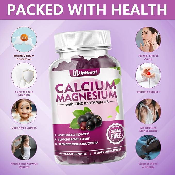 Calcium Magnesium Zinc with Vitamin D3 Supplement, Sugar Free Calcium Gummies for Women Men, High Absorption Zinc Gummies for Bone & Muscle & Immune Health, Vegan Elderberry Flavor - 120 Count