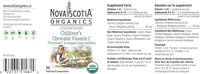 Nova Scotia Organics Children's Chewable Vitamin C (30 Chewable Tablets); Certified Organic; Vegan, Organic Acerola Berries