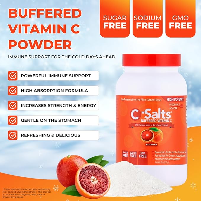 4000mg Vitamin C Powder Supplement - 100% Pure Buffered Powdered Drink with Ascorbate C - Potent Immune Support, Stomach-Friendly, Organic, Vegan, Sodium & Sugar-Free, Blood Orange 8oz