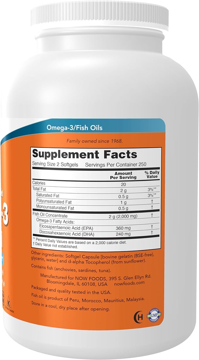 NOW Foods Supplements, Omega-3 180 EPA / 120 DHA, Molecularly Distilled, Cardiovascular Support*, 500 Softgels