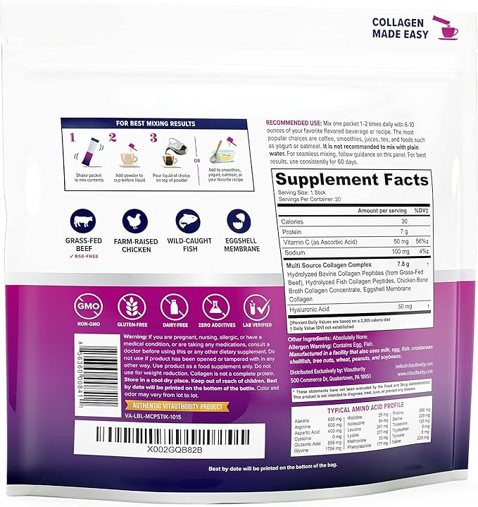 Multi Collagen Peptides Plus Hyaluronic Acid and Vitamin C Hydrolyzed Collagen Proteins Types I II III V and X 20 Unflavored Stick Packs