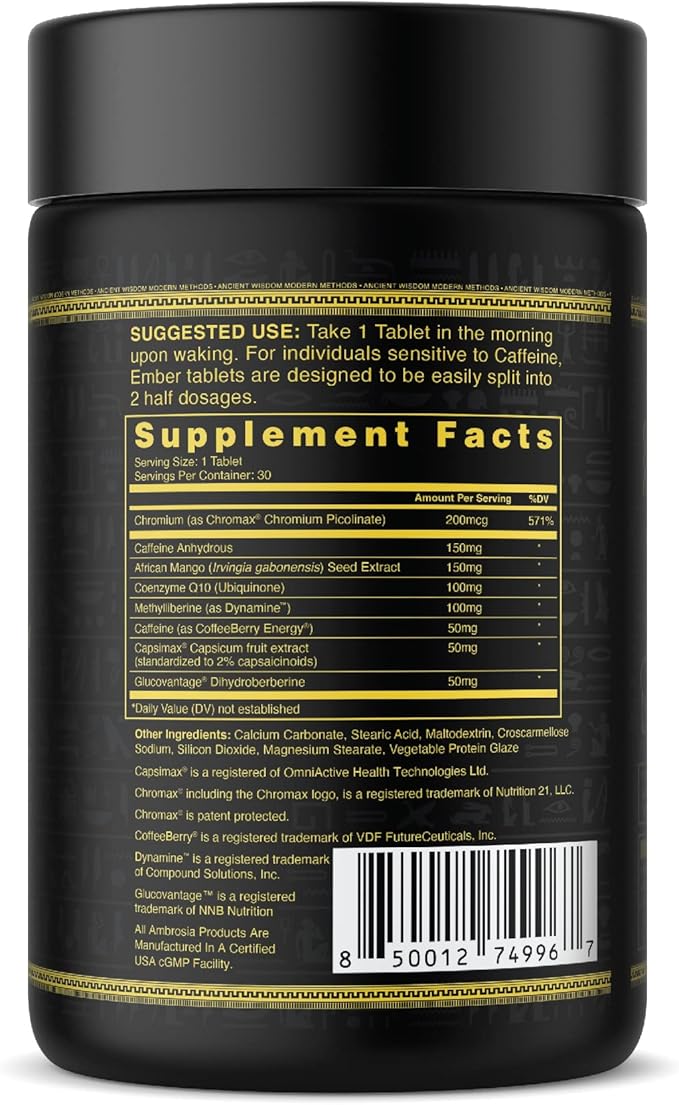Ambrosia Ember™ Thermogenic Fat Burner & Appetite Support Supplement Pills for Healthy Weight Management, Appetite Support for Men and Women with CapsiMax™, African Mango, and CoQ10