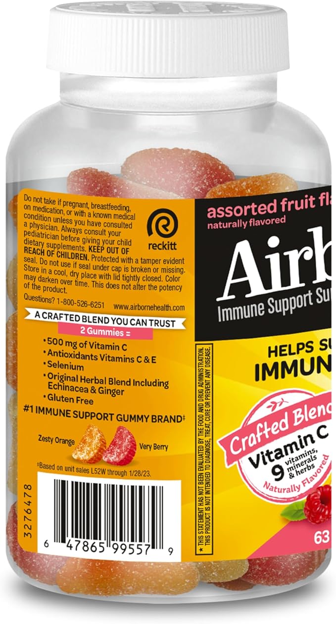 Airborne KIDS 500mg Vitamin C Gummies, Kids Immune Support Zinc Gummies With Powerful Antioxidants Vit C & E - 63 , Assorted Fruit Flavor