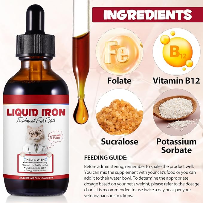 Liquid Iron for Cats, Liquid Iron Drops for Cats Supports Anemia, Low Enery Levels and Lethargy Cats- Improve Energy Levels & Vitality, Pet Supplies Cat Vitamin Supplement, Caramel Flavor - 2 fl.oz