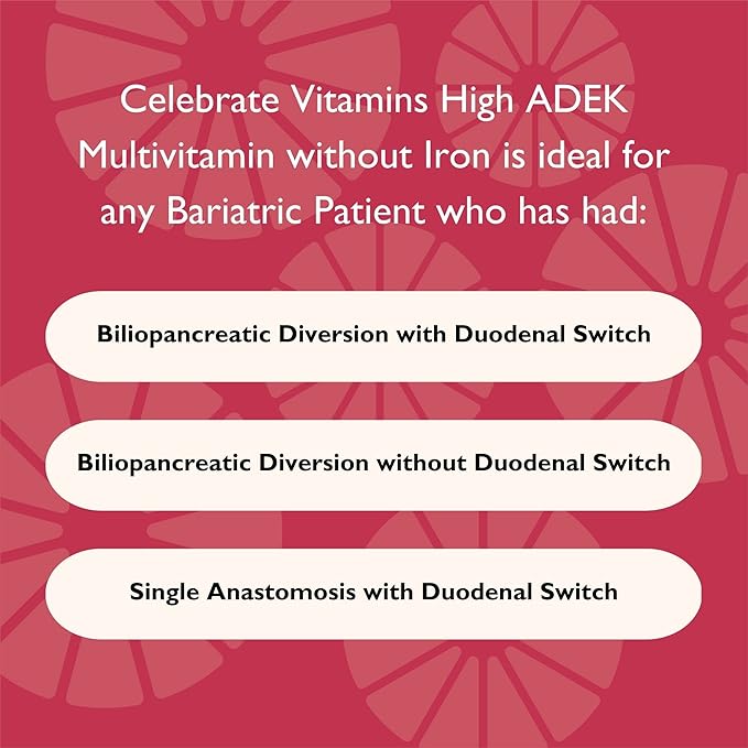 Celebrate Vitamins Multi ADEK Chewables, Iron Free - Daily Bariatric Multivitamin, High Level of Vitamins A, D, E, K & B12 for Duodenal Switch Surgery Patients - Berry Sorbert (180 Tablets)