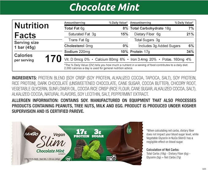Nugo Slim Dark Chocolate Mint, 18g Vegan Protein, 3g Sugar, 6g Fiber, Low Net Carb, Keto Friendly, Gluten Free, 24 Count