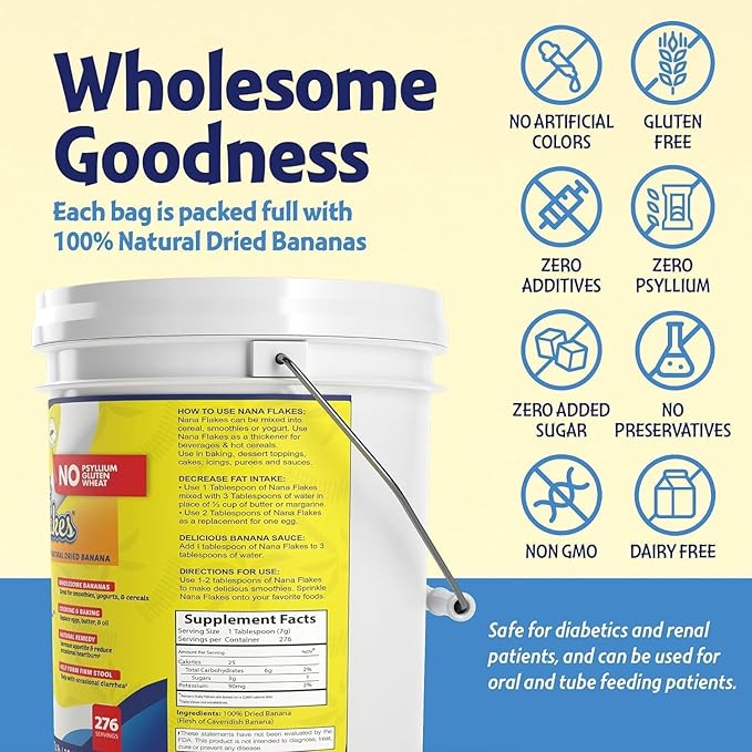 Nana Flakes 100% Pure Banana Flakes Medical Food Powder - Decrease Fat Intake & Natural Remedy for Diarrhea & Heart Burn - Great Source of Protein & Fiber (Banana, Four Pound Tub)