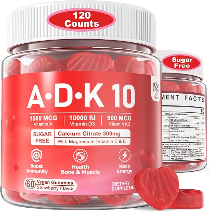Vitamin A D3 K2 Gummies 5000IU / 10,000 IU D3 with Calcium Magnesium Zinc, ADK 10 Vitamin Supplement K2 MK-7 500mcg for Calcium Absorption, Increase Bone Density, Muscle, Teeth, Immune Health, 2Packs