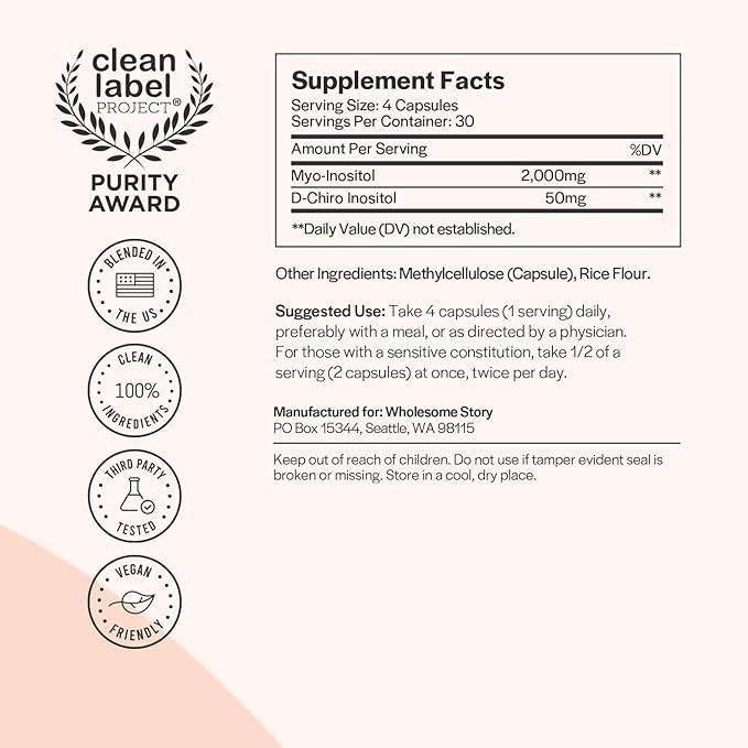 Wholesome Story Inositol Supplement | Myo Inositol & D-Chiro Inositol 2050mg | Hormonal Balance & Ovarian Support | 30 Day Supply