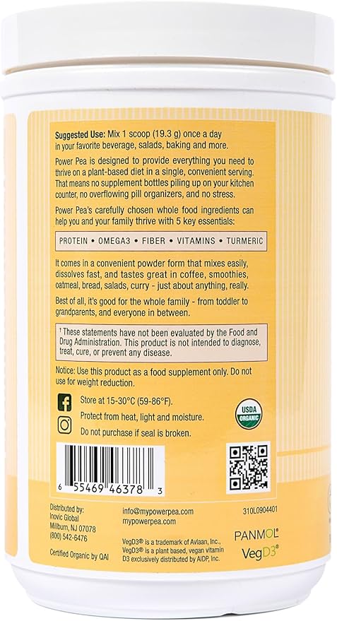 Plant Based Vegan Protein Unflavored- USDA Organic with Vitamins, Fiber, Omega 3, Turmeric, Kids Nutrition, Non-GMO, Dairy Free, Allergen Free, Sugar & Gluten Free