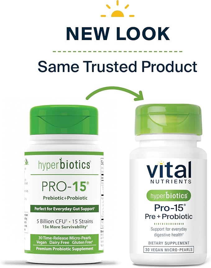Hyperbiotics Vital Nutrients Pro-15 Pre + Probiotic | 15 Strains| Supports Occasional Constipation, Diarrhea, Gas & Bloating | Immune, Digestive & Gut Health | Shelf-Stable | Vegan | 30 Pearl Tablets
