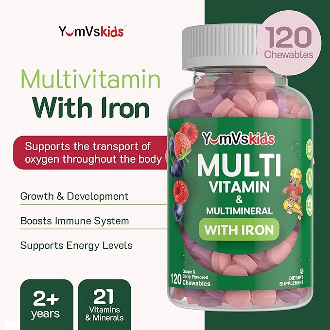 YumVs Complete Kids Multivitamin with Iron - Kids Chewable Multivitamin - Kids Vitamins Multivitamin + Kids Iron Supplement - Toddler Vitamins for 2 Year Old+, Kosher, Halal, Gluten Free (120 Tablets)