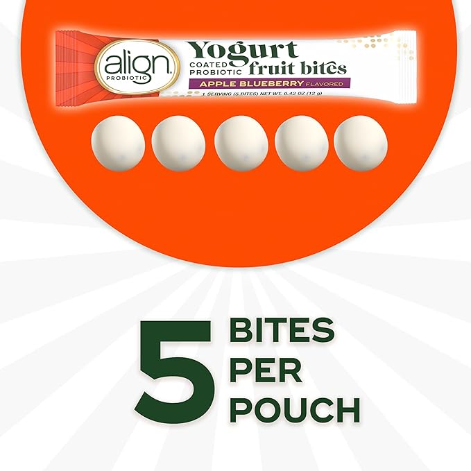 Align Probiotic, Yogurt Coated Probiotic Fruit Bites, Added Probiotic Helps Support Digestive Health, Apple Blueberry Flavored, 21 Individually Wrapped Pouches, 105 Bites