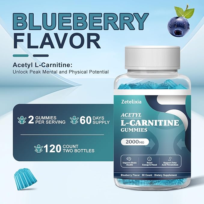 2 Pack Acetyl L-Carnitine Gummies 2000mg, L-Carnitine Supplement with Vitamin C & B12, ALCAR for Energy, Brain & Mood Support, Fatty Acid Metabolism, Vegan, Non-GMO, Sugar Free, 120 Count