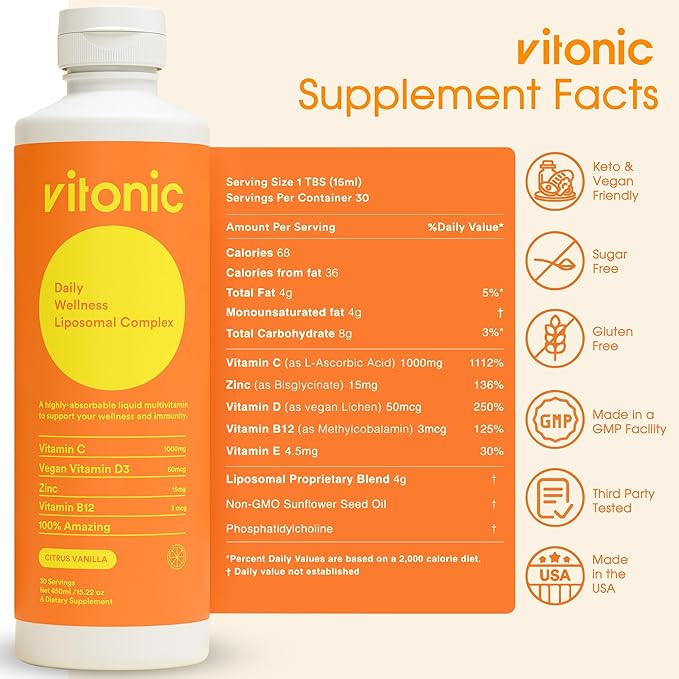 Liposomal Liquid Multivitamin – Vitamin C 1000mg, D3, B12 & Zinc Supplements – High Absorption, Daily Immune Support, 30 Servings, Non-GMO (15.22 fl oz)