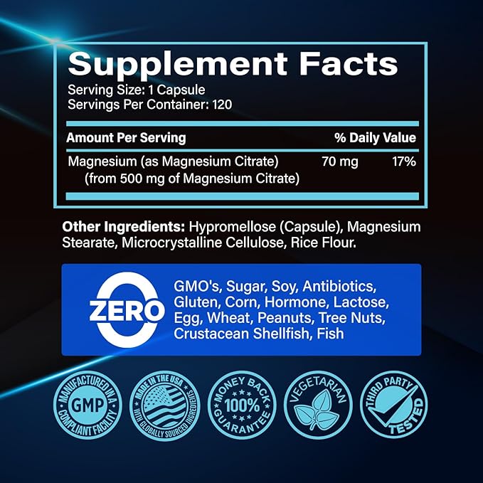 Premium Magnesium Citrate 500mg Capsules (Citrato de Magnesio) High Absorption Formula Chelated Buffered Citrate to Support Digestion, Bone, Sleep & Muscle Health - 120 Capsules