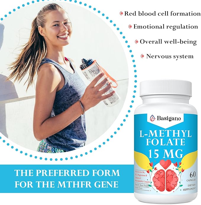 15mg L Methylfolate (5-MTHF)- Active Folic Acid-Enriched with Vitamins B6 and B12-60 Vegetarian Capsules - Non-GMO, Gluten-Free