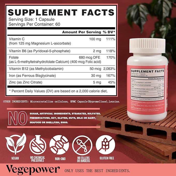 Iron Bisglycinate Supplement for Women & Men - 30mg Iron Pills with Vitamin C, B12, Folic Acid - Chelated Iron for Anemia, Blood Builder - High Absorption, Gluten-Free, Non-GMO - 60 Vegan Caps