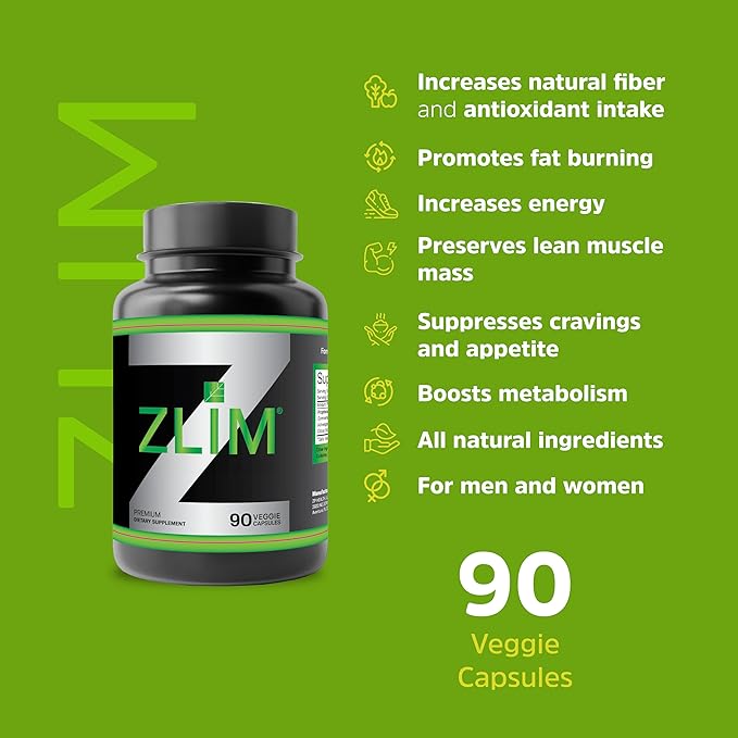Zlim Appetite & Weight Control Dietary Supplement for Men and Women – Increase Fiber and Antioxidant Intake, Energy Booster, All Natural Ingredients (90 Veggie Capsules)