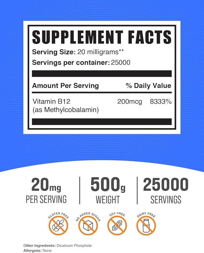 BulkSupplements.com Vitamin B12 Methylcobalamin Powder - 1% B12 Methylcobalamin, Essential B Vitamin - B12 Supplement, Gluten Free, 20mg per Serving, 500g (1.1 lbs) (Pack of 1)