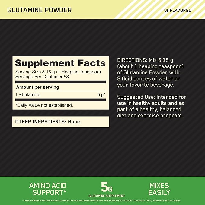 Optimum Nutrition L-Glutamine Muscle Recovery Powder, 300g, Unflavored, 58 Servings