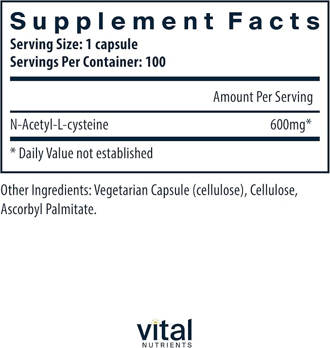 Vital Nutrients NAC 600mg | N-Acetyl Cysteine | Vegan NAC Supplement | Antioxidant for Sinus, Liver, Immune, and Respiratory Health* | Gluten, Dairy, Soy Free | 100 Capsules