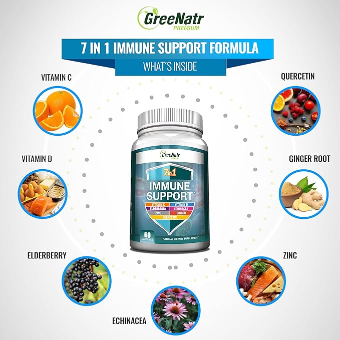 7 in 1 Immune Support Supplement with Vitamin C, Vitamin D3, Zinc 50mg, Quercetin, Echinacea Purpurea, Sambucus Elderberry and Ginger for Complete Immune Defense - 60 Capsules (6 Bottles)