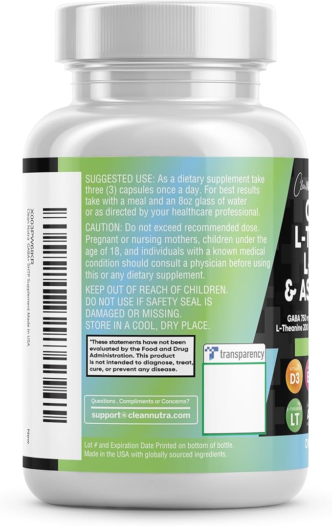 Clean Nutraceuticals GABA 750mg 5 HTP 200mg L Tryptophan 500mg L Theanine 200mg Ashwagandha SAM-e L-Glycine - Mood Support Vitamins for Women and Men with L-Tyrosine - Count