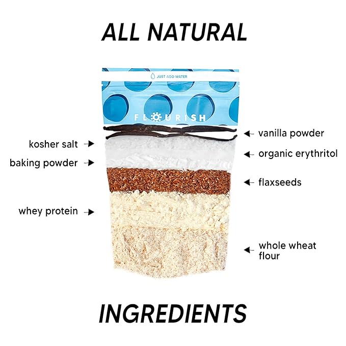 Flourish - Protein Pancake & Waffle Mix, Whey Protein Isolate & Flax Seed, Non-GMO, No Added Sugar, Superfood, High Protein & Fiber, Just Add Water - Vanilla, 16oz
