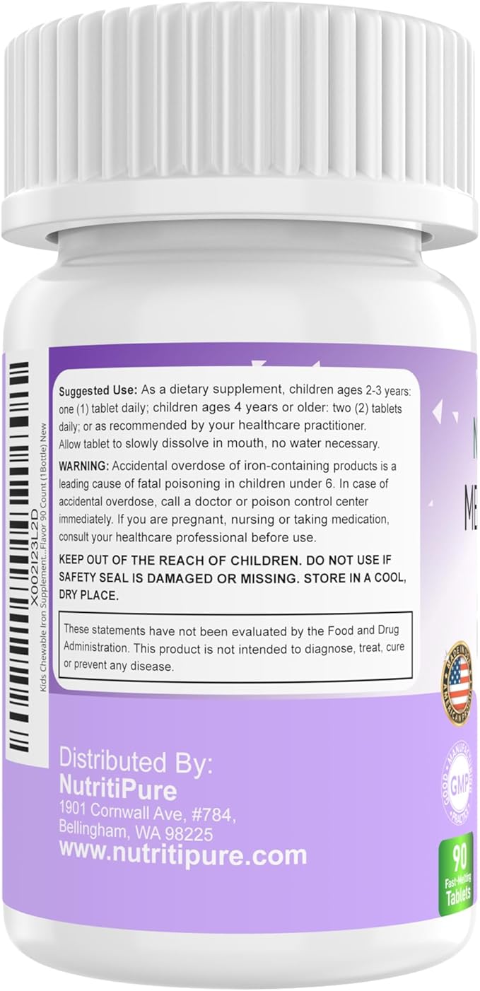 Chewable Iron Supplements for Kids (Ferronyl®/Carbonyl Iron 9 mg with Vitamin C 30 mg) Tablet in Delicious Grape Flavor | Kids Iron Supplement 90 Count (2 Bottles)