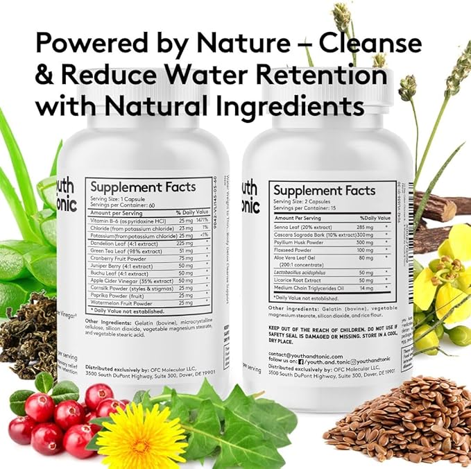 Youth & Tonic Jumpstart Cleanse – Water Weight Away Pills & 15 Day Colon Detox & Gut Cleanser for Bloating, Energy, and Metabolism Support – Aids in Shedding Excess Fluids for a Lighter Body – 90 Caps