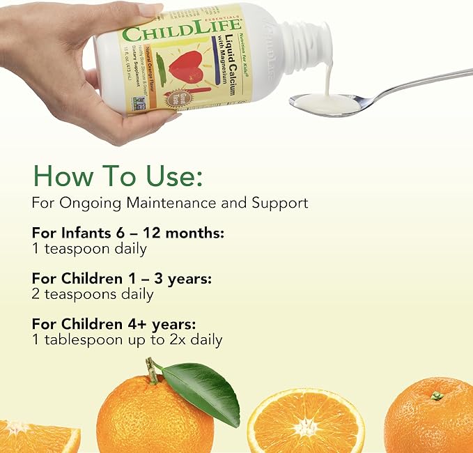 CHILDLIFE ESSENTIALS Liquid Calcium Supplement for Kids - Baby Calcium with Magnesium, Zinc, and Vitamin D3 - Orange Flavor, 16 fl oz (6 Pack)