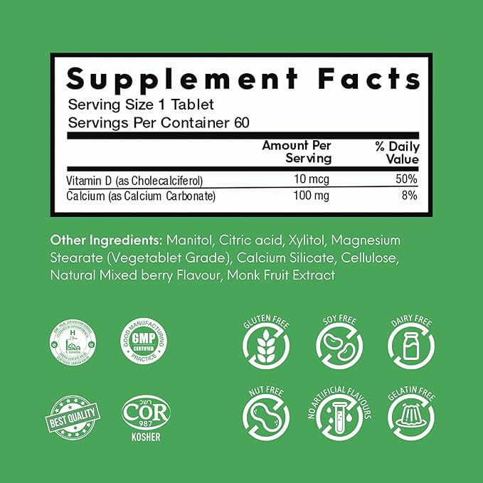 Vitamin D3 1000 IU – Supports Stronger Bones & Teeth, Boost Immunity Vitamins, Prevents Inflammation, Quick Dissolving Tablets, Mouthwatering Mixed Berry Flavor (60 Tablets)