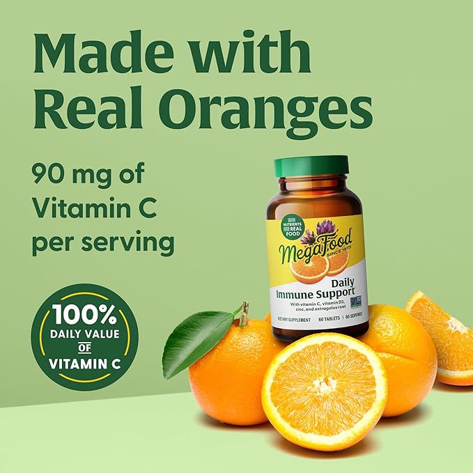 MegaFood Daily Immune Support - Immune Support Supplement with Vitamin C, Vitamin D, Zinc, Astragalus Root, and More - Vitamins for Women & Men - Non-GMO - Made Without 9 Food Allergens - 60 Tabs