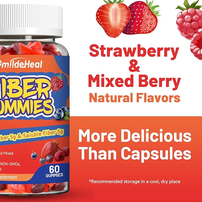 Fiber Gummies, Dietary Fiber, Soluble Fiber, for Women and Men, Gut Health Support, Non-GMOs, Non-Gluten, Vegan, Mixed Berry and Strawberry Flavor, 60 Count Gummies