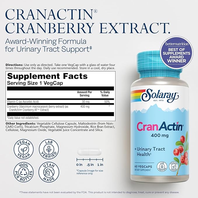 SOLARAY CranActin Cranberry Extract 400 mg - Cranberry Supplements for Women and Men - Bladder and Urinary Tract Health Support with Vitamin C - Vegan, 60-Day Guarantee, 60 Servings, 60 VegCaps