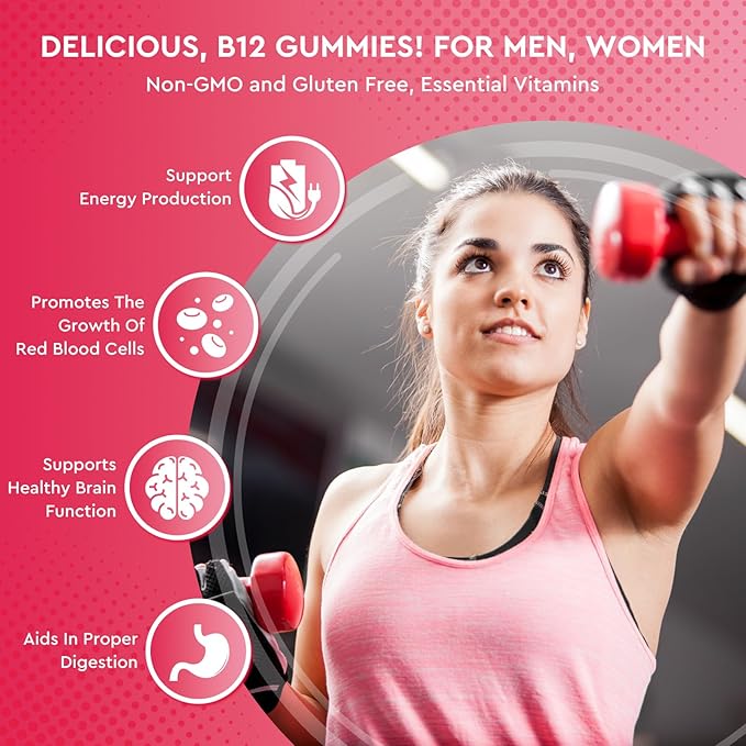 Vitamin B12 Gummies - 5000 mcg Methylcobalamin with Iron, Vitamin C, D3 & Folate, Energy Support and Metabolism, Immune, B-12 Complex Chewable Supplement for Men & Women, Vegan- 60 Count
