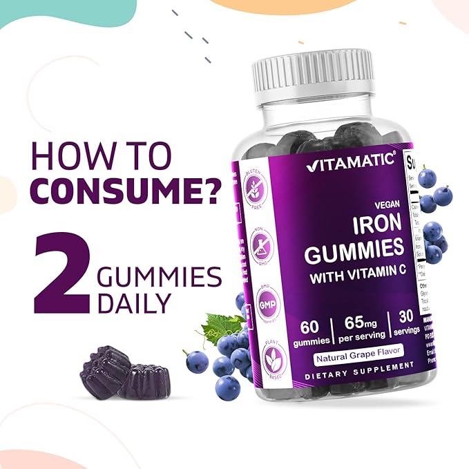 Vitamatic Iron 65 mg Gummies Supplement for Women & Men - 60 Vegan Gummies - Great Tasting Iron Gummy Vitamins with Vitamin C (6)