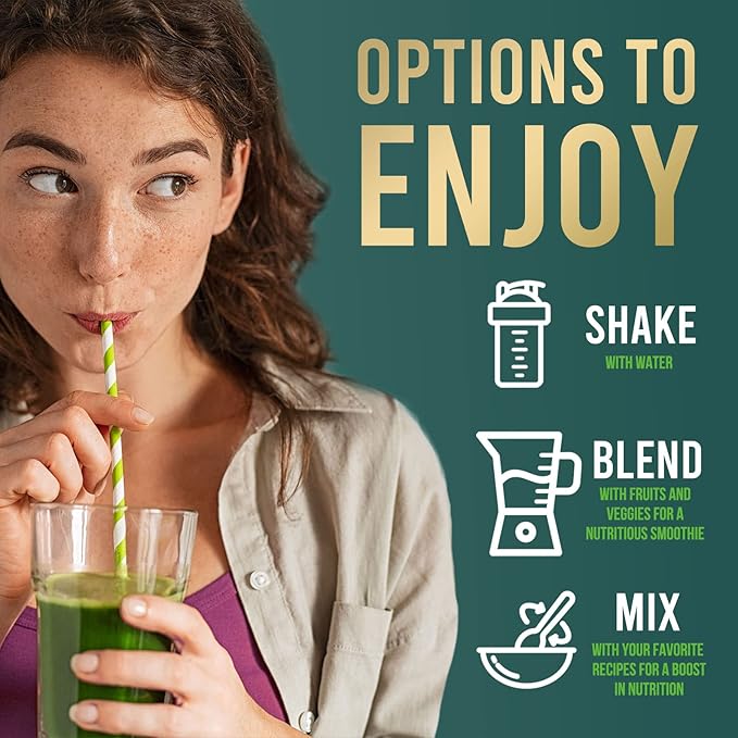 Super Greens Superfood Powder Drink Mix - Green Whole Food Blend for Energy & Gut Health with Spirulina, Chlorella, Mushrooms, Vegetables, Digestive Enzymes Antioxidant & Probiotics - 30 Servings