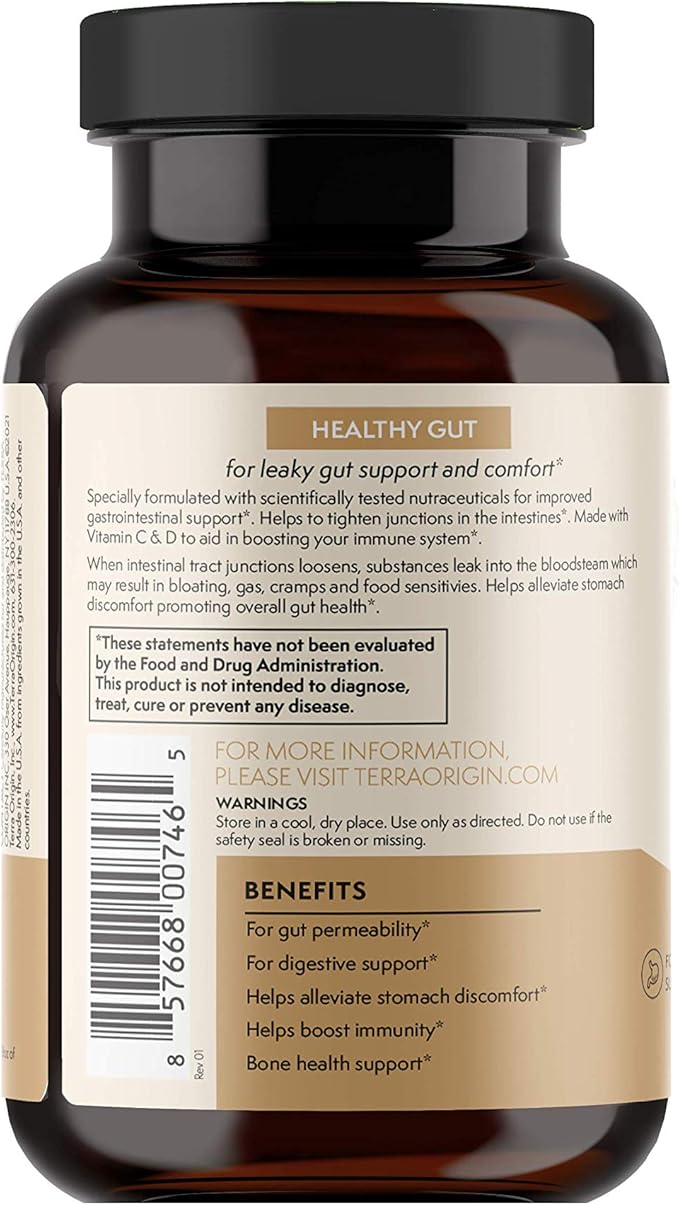 TERRA ORIGIN Healthy Gut Capsules with Immunity Boost | 90 Capsules | Digestive Support Including intestinal Permeability, IBS, Bloating, Gas and Constipation* 30 Servings/90 Capsules.