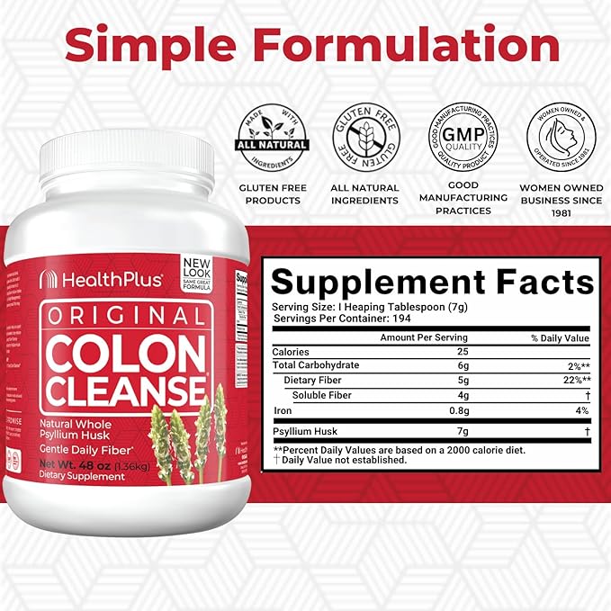 Health Plus Colon Cleanse Digestive Support | All Natural Daily Fiber for Toxin Elimination To Reduce Bloating | Supports Heart Health | 48 Ounces, 194 Servings
