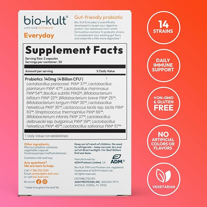 Bio-Kult Gut Health Probiotic Supplement, 14 Strains, Probiotics for Women & Men, Immune Support, Digestive Health, Shelf-Stable, Non-GMO and Gluten-Free, Capsules, 60 Count (Pack of 1)