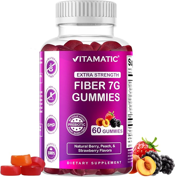 Vitamatic 2 Pack Prebiotic Fiber Gummies for Adults - 7G Fiber Extra Strength - Zero Sugar Added - 60 Pectin Based Gummies - Digestive Health & Regularity Support, (Total 120 Count)
