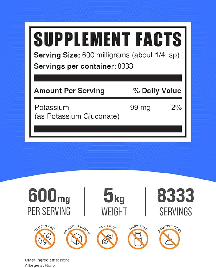 BulkSupplements.com Potassium Gluconate Powder - Potassium Supplement, Potassium Gluconate Supplement, Potassium Powder - Gluten Free, 600mg per Serving (99mg Potassium), 5kg (11 lbs)