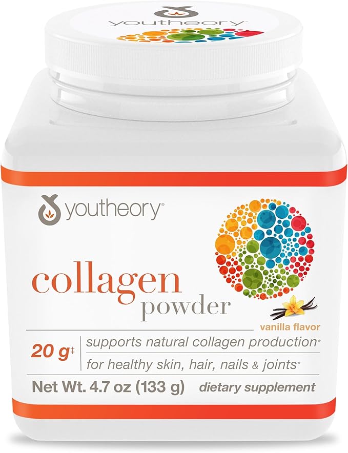Youtheory Collagen Powder - Premium Collagen Supplement with Vitamin C & Biotin - Supports Healthy Hair, Nails, Skin & Joints* - Dairy, Soy & Gluten Free - Vanilla, 4.7 oz