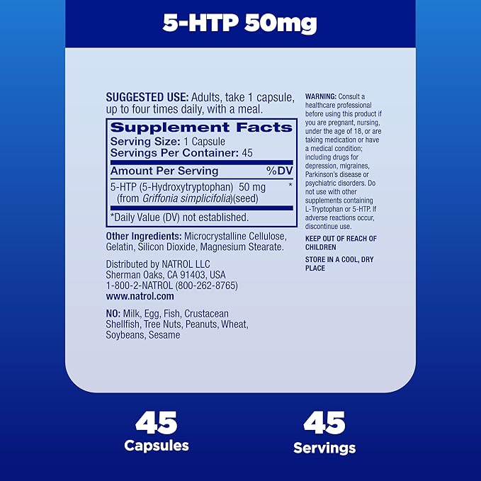 Natrol Mood & Stress 5-HTP 50mg, Dietary Supplement Helps Support a Balanced Mood, 45 Capsules, 11-45 Day Supply