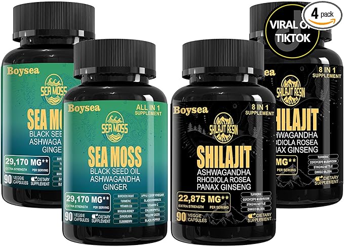 Boysea.Shilajit and Sea Moss Bundle - Sea Moss (7000mg), Ashwagandha (2000mg), Black Seed Oil (4000mg), Ginger & Shilajit (9000mg), Rhodiola Rosea (1000mg) – 90 Count (2 Pack)